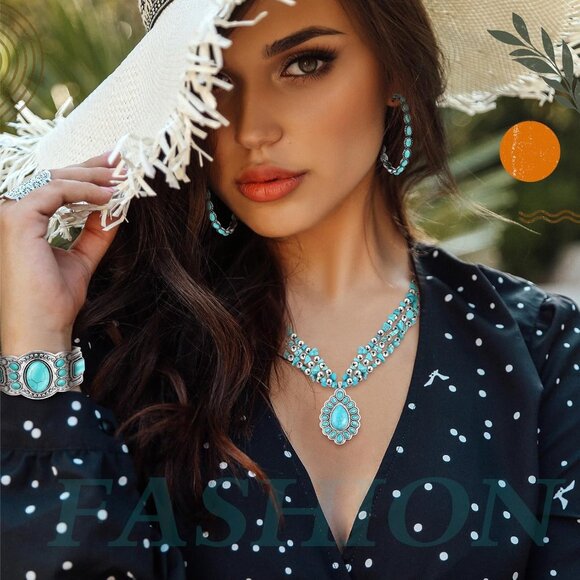 Elegant 3-Piece Turquoise Jewelry Set for Women: Choker, Bracelet & Earrings - Picture 2 of 6